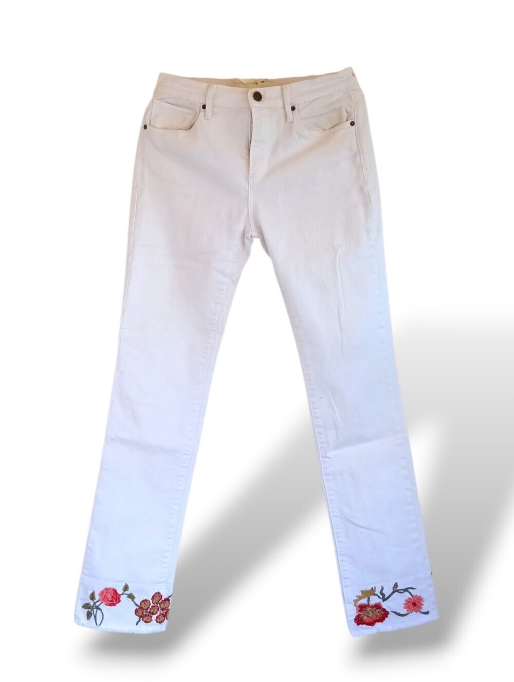 DRIFTWOOD White Cropped Jeans Rose Embroidery Frayed Hem Stretch Summer Floral - Picture 2 of 11